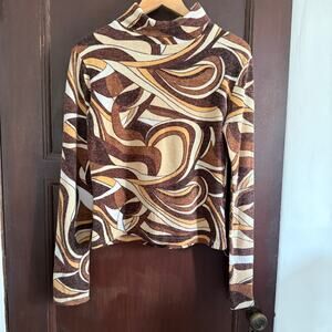 90s vintage VALLEY GIRL | 90s does 70s Brown Groovy Swirl Turtleneck | Medium
